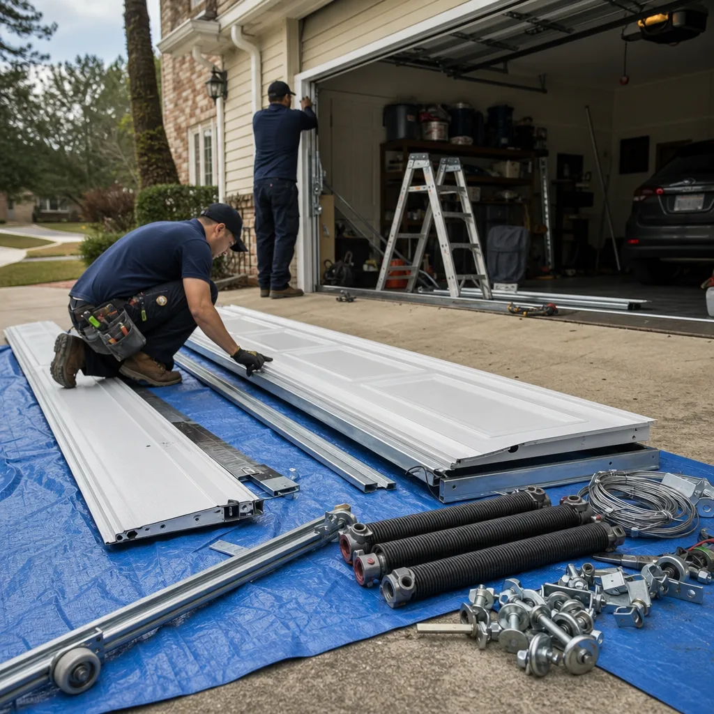 Two professional technicians installing a new residential garage door