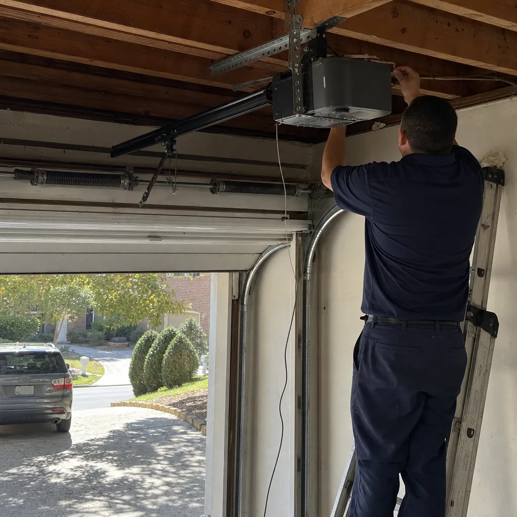 Technician performing professional garage door opener repair and installation