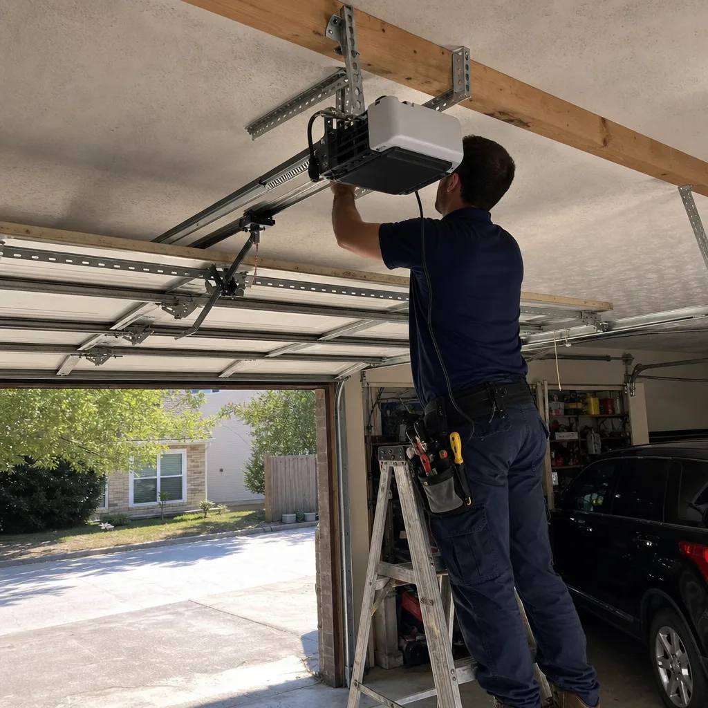 Technician performing professional garage door opener installation and repair