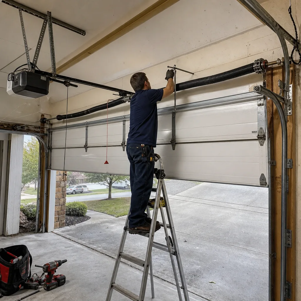 Professional technician repairing a residential garage door spring on a ladder