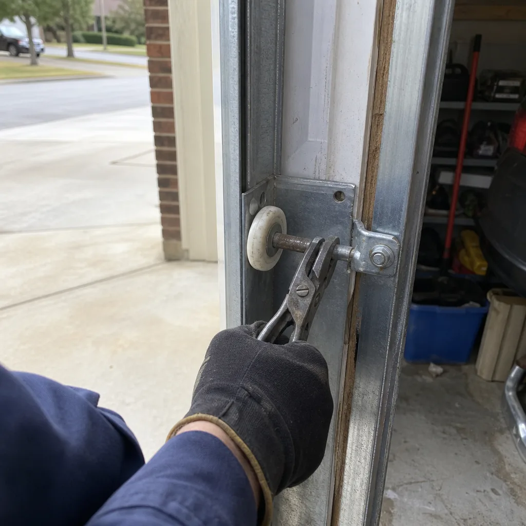 Technician performing professional garage door roller repair and maintenance