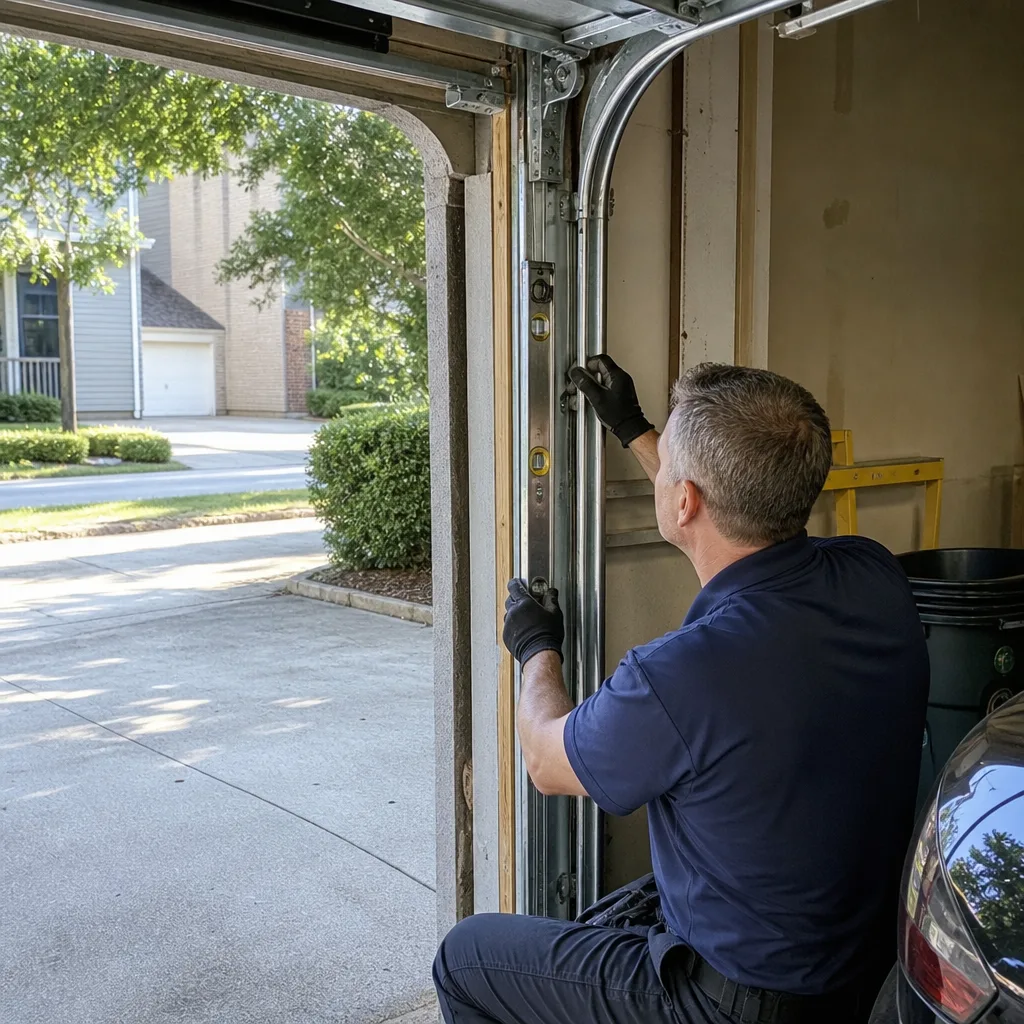 Technician using a level to install a residential garage door track.